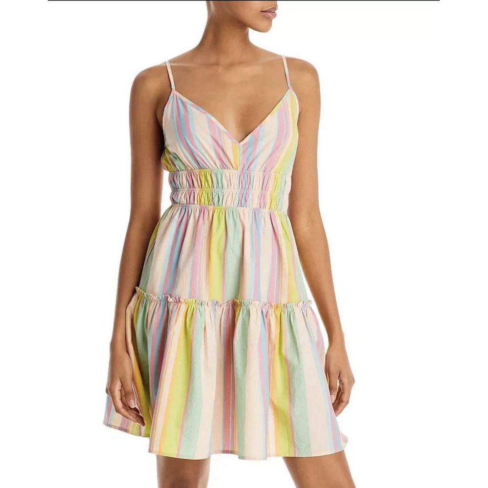 Rails Carmen Mini Dress Guava Rainbow Stripe Tier Sundress Medium Smocked Waist - Picture 2 of 16